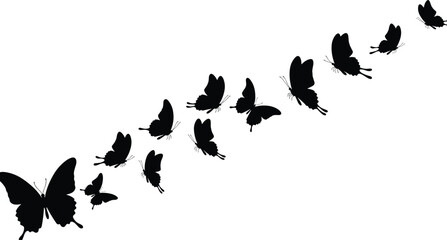Butterfly silhouettes in diagonal upward flight formation, black insect vector illustration, isolated decorative butterfly swarm with one large leader insect