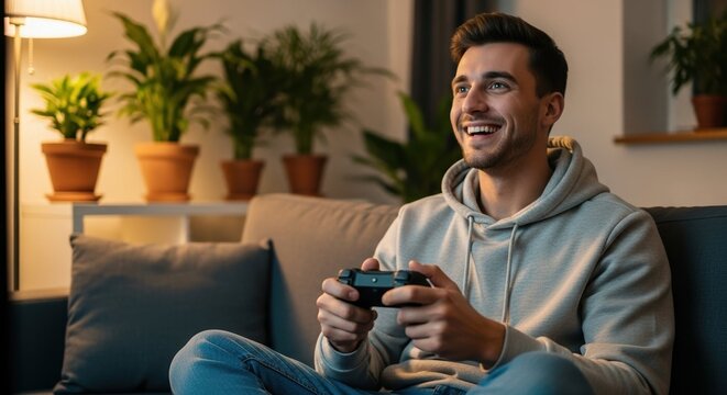Cheerful man playing video game, immersed and enjoying digital entertainment. Enjoying video game brings joy to his face as he holds controller, indoors, cozy atmosphere.