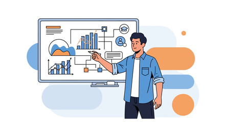 Businessman Presenting Data Visualization On A Digital Screen Showing Analysis And Growth