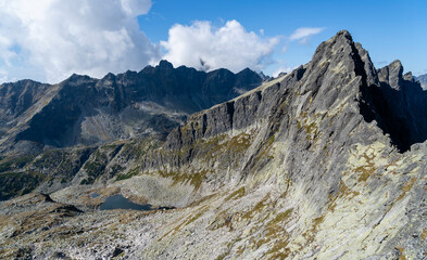 Ponds at the foot of the mountain peaks - view from above.
