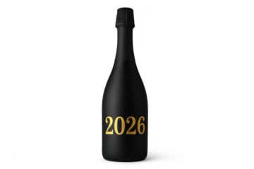 Black champagne or wine bottle celebrating new year's eve 2026 with transparent background