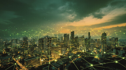 Obraz premium Twilight in the Smart digital Innovation city with connection network reciprocity over the cityscape. of future smart wireless digital city and social media networking systems that connects people