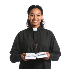 Confident businesswoman in a suit smiling while holding a blank folder
