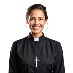 Confident businesswoman in a suit smiling while holding a blank folder