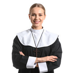 Confident businesswoman in a suit smiling while holding a blank folder