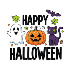 Cute Happy Halloween Spooky Skeleton Pumpkin Trick or Treat Skull and Bat Illustration