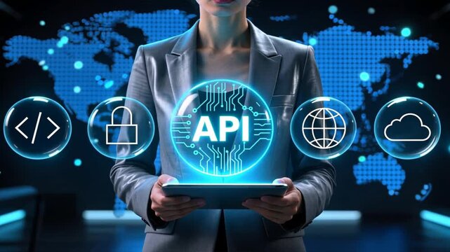 A businesswoman holding a tablet with glowing api circle and icons for ai, automation, robotics and cloud, application programming interface, api programming
