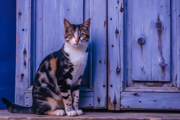 Beautiful domestic cat with patterned fur sitting on stone ground in front of rustic blue wooden wall looking straight with alert expression and calm presence