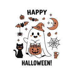 Cute Happy Halloween Spooky Skeleton Pumpkin Trick or Treat Skull and Bat Illustration