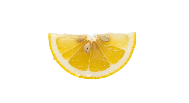Close-up view of a vibrant yellow lemon wedge, showcasing its juicy interior and seeds.