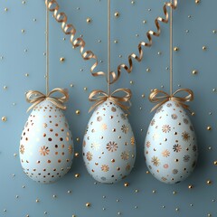 Happy Easter 3D scene with a platform, colorful Easter eggs, garlands, and confetti on a blue background.