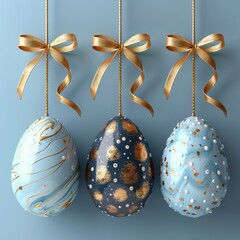 Happy Easter 3D scene with a platform, colorful Easter eggs, garlands, and confetti on a blue background.