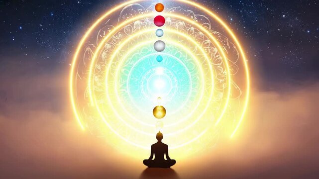 Wide-angle sunrise meditator&rsquo;s silhouette golden light crown chakra, vibrant swirling energy cosmos weather misty clear radiant skies planets align bridge heavens. Energy celestial 4K mystical video