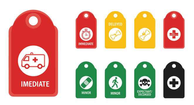 A set of colorful medical triage tags for emergency patient categorization and sorting.