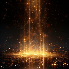 Abstract glowing vertical golden light lines on a dark background, accented with sparkles and a radiant effect. A luxurious design with copy space for text.
