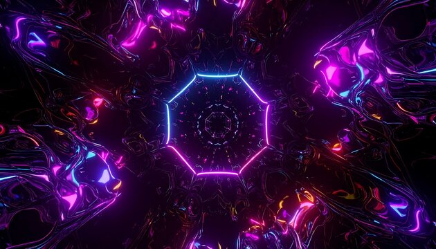 A kaleidoscopic tunnel with neon lights and fluid, textured surfaces, offering a futuristic and abstract visual experience