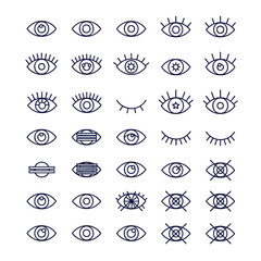 A collection of minimalist line art eye icons showing various expressions symbols and states of vision.