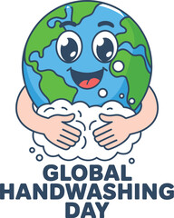 Happy cartoon Earth character washing hands with soap bubbles, promoting global hygiene and health awareness.