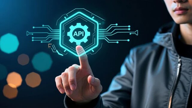 A man touching a holographic api icon with glowing circuits and abstract digital lines, application programming interface, api programming