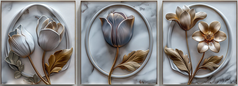 Fototapeta A triptych of digital artworks depicting stylized floral compositions rendered in 3D in metallic gold, copper, and silver tones on a marble background. 