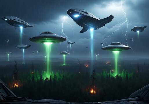 Alien invasion numerous ufos descend from a stormy sky, emitting green beams onto a dark, ominous landscape