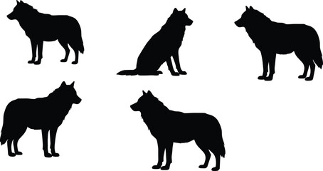 Wolf silhouette collection, wild animal vector illustration, wolf standing outline, black wolf clipart, forest predator design, wolf graphic art set