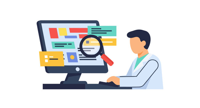 Flat design illustration of a person searching and analyzing data on a computer monitor with a magnifying glass.