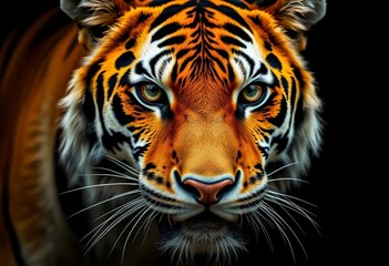 Obraz premium Close-up of a tiger's face, intense gaze, black background, orange, mammal