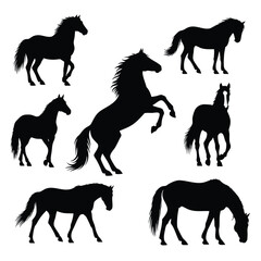 A collection of seven black horse silhouettes in various dynamic poses including standing walking rearing and grazing.