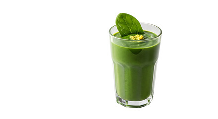A vibrant green smoothie in a glass, topped with spinach leaf, showcases a healthy and refreshing drink.