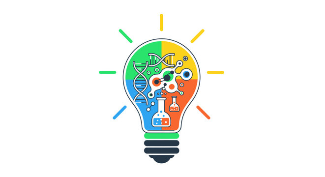 Creative light bulb concept with colorful quadrants of science symbols like DNA molecules and a brain.