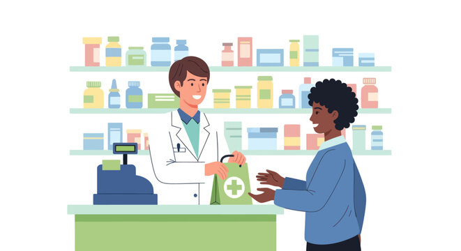 Friendly pharmacist handing medicine bag to customer at pharmacy counter illustration.