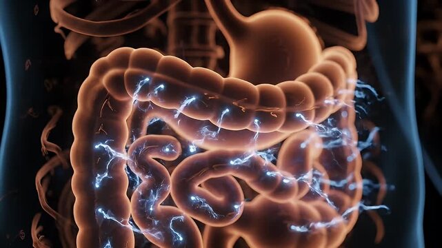 Human Digestive System with Glowing Energy Pulses