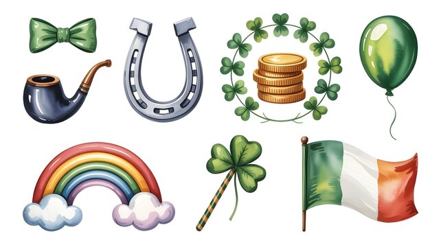 Collection of st patricks day symbols including a horseshoe, clover, pot of gold, rainbow, pipe, bow tie, balloon, and irish flag
