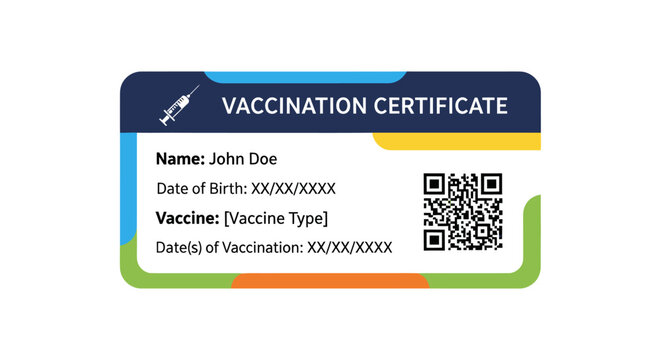 Vaccination Certificate Card with Placeholder Information QR Code and Colorful Design Elements.