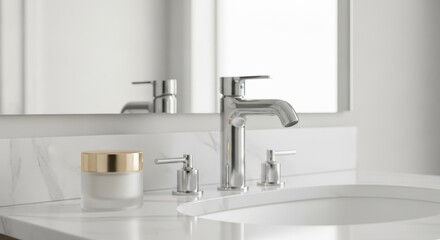 Elegant bathroom sink with modern chrome faucet and cream. Modern bathroom sink features contemporary fixture, marble countertop, and soft cream in jar.