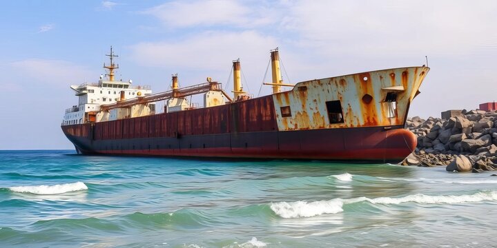 Rusting hulk of a cargo ship, beached near Kish Island, Persian Gulf,  barnacles, abandoned ship