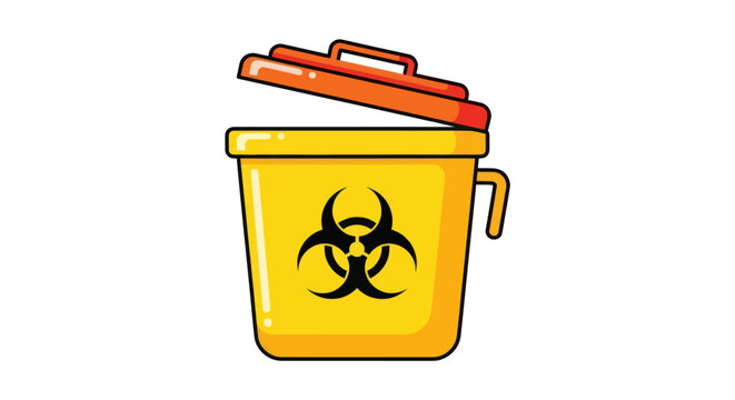 Yellow biohazard waste disposal bin with an open orange lid and handle.