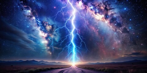 Fototapeta premium A Celestial Bolt of Lightning Strikes a Desolate Road Under a Star-Filled Night Sky