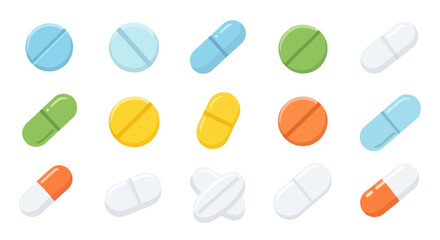 A colorful collection of various medical pills tablets and capsules in a flat vector illustration style. © solikhin