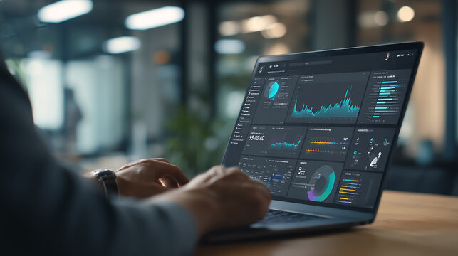 Professional marketer analyzing target customer data on laptop computer, using charts and graphs for marketing segmentation strategy and personalized campaigns