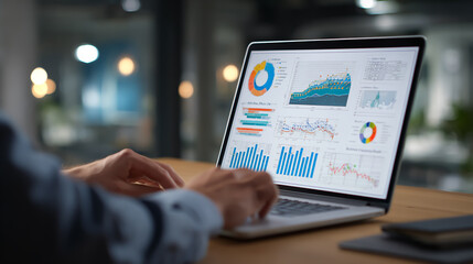 Professional marketer analyzing target customer data on laptop computer, using charts and graphs for marketing segmentation strategy and personalized campaigns