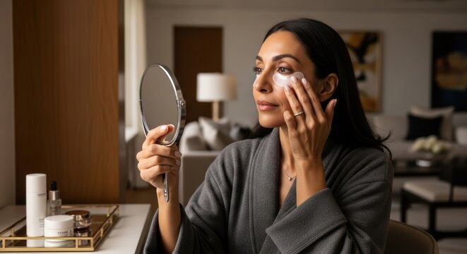 Woman applying eye mask in front of mirror. Eye mask treatment for refreshed skin involves a female applying skincare product with mirror nearby. This eye mask routine highlights self-care for beauty.