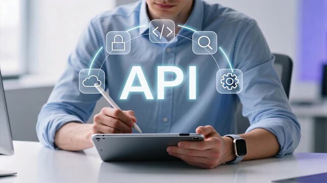 A businessman using pen on tablet with floating api icons for cloud, automation and connectivity, application programming interface, api programming