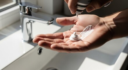 Shaving cream being dispensed into hand over sink. Shaving cream texture is visible, reflecting light from nearby window, adding depth.