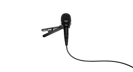A professional quality lapel microphone is highlighted against a pure black background.
