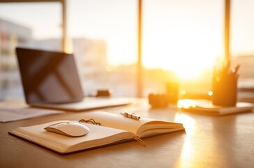 Bright workspace shows a laptop and notebook illuminated by sunlight streaming through a window, creating a warm, inviting atmosphere