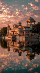 Fototapeta premium Sunset reflections at jal mahal rajasthan india - serene landscape photography tranquil water view