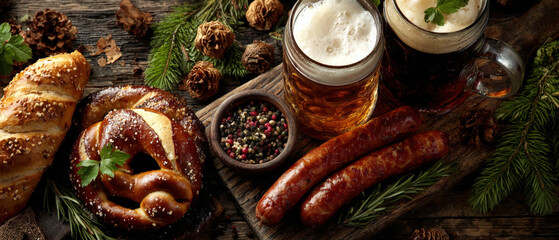 Oktoberfest table with pretzels, sausages, and beer mugs at lively celebration