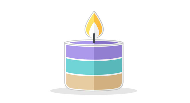 A lit multi-colored striped candle with a bright flame.